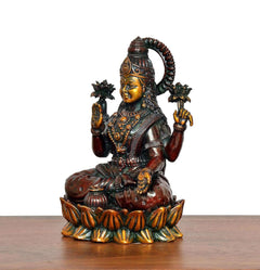 Lakshmi Brass Idol, three-quarter view with raised hands on lotus base