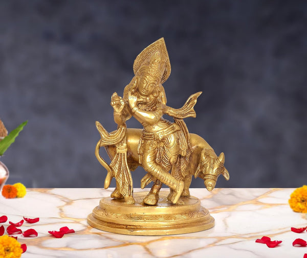 Brass Lord Krishna Playing Flute Statue with Cow (Height:6.5 Inch)