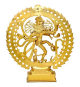 Brass Natraj Lord Shiva idol statue, close front view of face and flared halo
