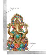 Ganesha brass idol with size chart: height 13 in, width 8 in