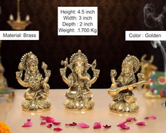 Brass Lakshmi Ganesha Saraswati idol set, golden finish, height 4.5 inch
