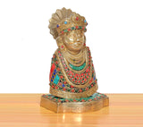 Khatu Shyam brass idol three-quarter view with colorful beadwork and engraved base