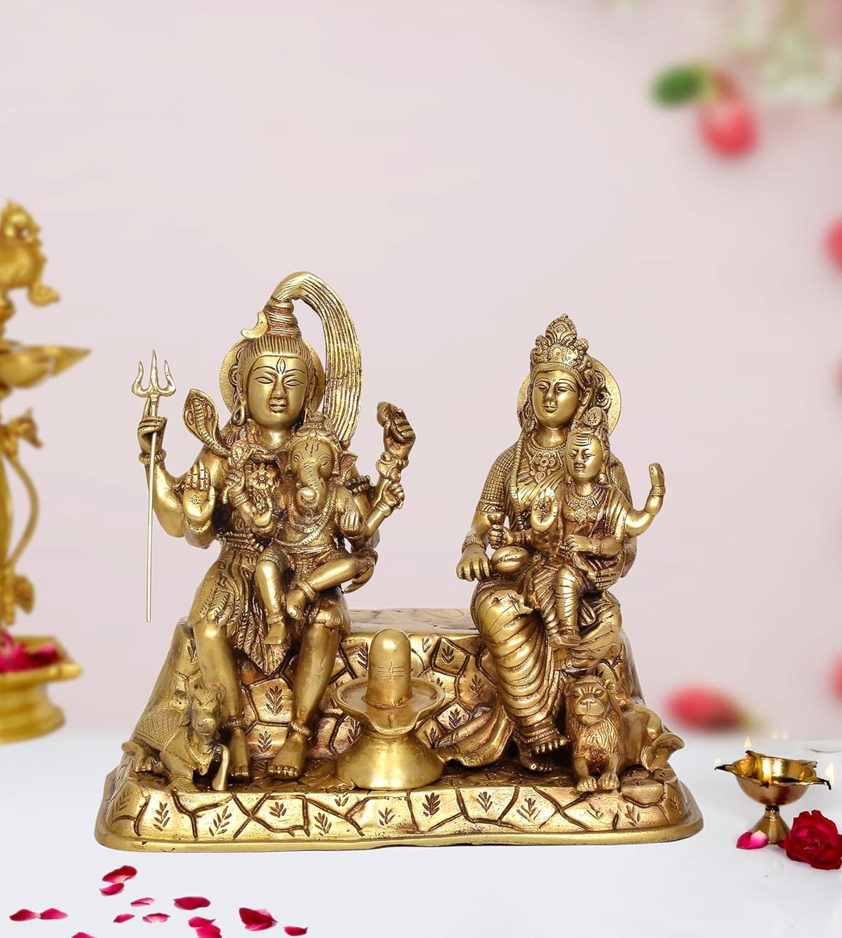 Golden brass Shiv Parivar idol: two seated deities with offering bowl, 12 in