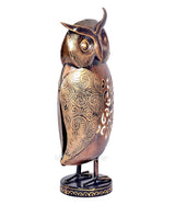 Iron owl figurine, side view, embossed feather pattern and bronze filigree cutout