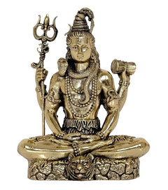 Close-up of brass Lord Shiva statue with trident and seated posture, 3 inch