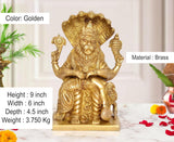 Golden brass Narasimha statue, seated pose with detailed armor and weapons