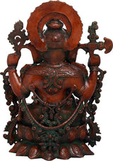 AONA red-tone brass Ganesha murti rear view, seated multi-armed idol, 16 inch