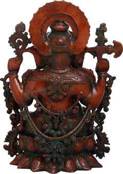 AONA red-tone brass Ganesha murti rear view, seated multi-armed idol, 16 inch