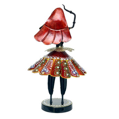 Multicolour Rajasthani dancing doll figurine, red cap, patterned flared skirt, straight rear view