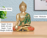 Brass Buddha statue seated, multicolor floral robe, Bhumisparsha mudra