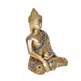 Meditation Buddha idol, brass finish, side view with blue gem necklace and robe