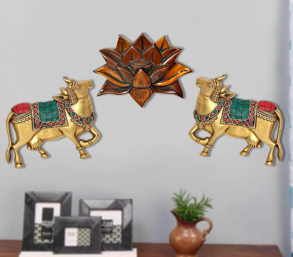 Brass Kamdhenu Cow with Lotus Flower Wall Hanging for Home Decor and Ofice Wall Decor Vastu Pooja Figurine | Pack of 3| (Height:5 inch) (Multicolor Kamdhenu Cow with Lotus Flower 2)