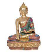 Brass meditating Buddha idol, front view, teal red draped robe with mosaic details