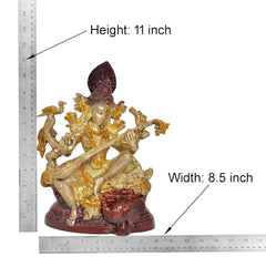 Estatua Maa Saraswati: altura 11 pulg y ancho 8.5 pulg, sitar y base roja