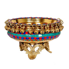 AONA elegant brass urli with teal-red beaded band, gold filigree feet and handles