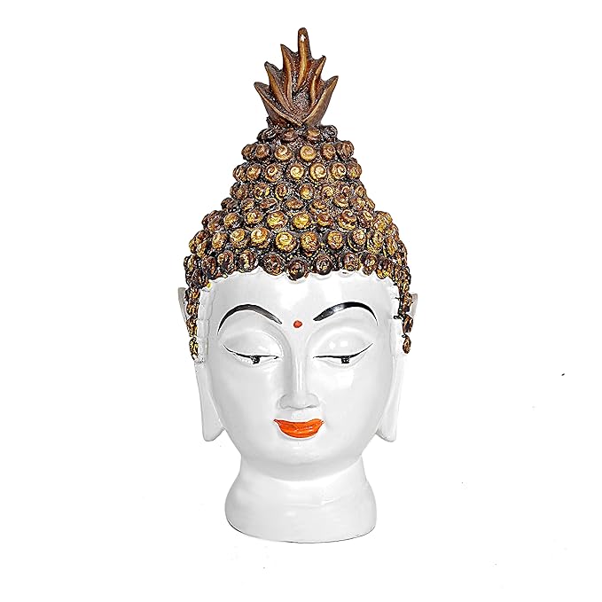 Resin Buddha head decor with white face, brown-gold beaded crown, orange lips