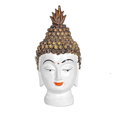 Resin Buddha head decor with white face, brown-gold beaded crown, orange lips
