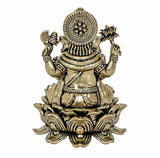 Small brass Vinayak idol with round crown backplate, seated on lotus pedestal