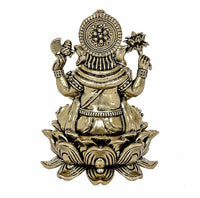 Small brass Vinayak idol with round crown backplate, seated on lotus pedestal