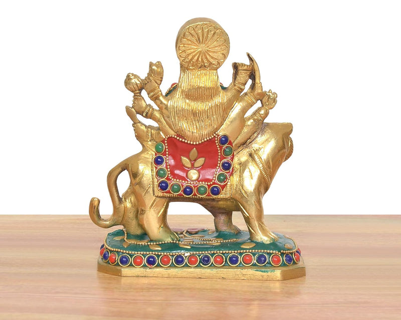 Brass Durga Maa with Lion Statue (Height: 6 Inch) (Multicolor 1)
