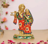 Brass Radha-Krishna idol, red and green outfits with multicolor beadwork, seated base