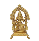 Brass Saraswati goddess idol front view with arched back, seated pose, veena