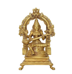 Brass Saraswati goddess idol front view with arched back, seated pose, veena