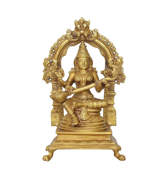 Brass Saraswati Seated on Lotus - Handcrafted Hindu Goddess Saraswati Idol for Home Decor and Pooja (Height 8.5 Inch)