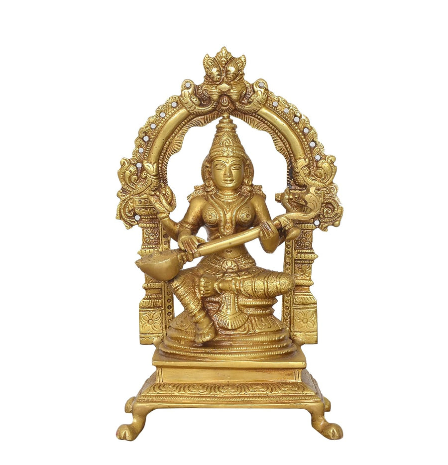Brass Handcrafted Hindu Goddess Saraswati Idol for Home Decor and Pooja (Height 8.5 Inch) Craft Detail