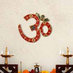 OM wall hanging brass sculpture, red/green enamel with gold border