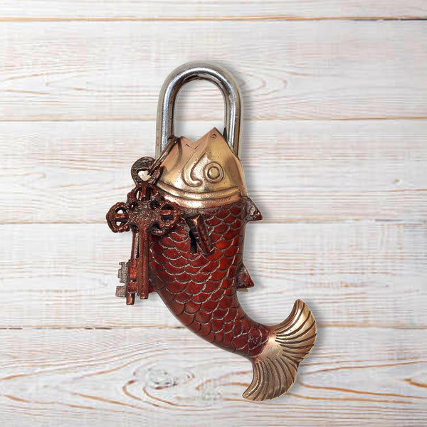 Brass Fish Lock - Antique Style Decorative Padlock with Key Showpiece for Home and Decor (Height 7 Inch) Mandir Setting
