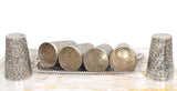 Side view of 6 cups on the tray; embossed details and tray side handles