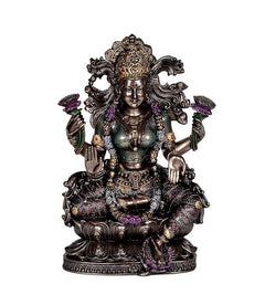 Resin Lakshmi figurine idol, seated pose, detailed jewelry and purple floral hands