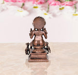Copper Surya Dev Rath statue, rear view, ornate back hair, seven-horse base details