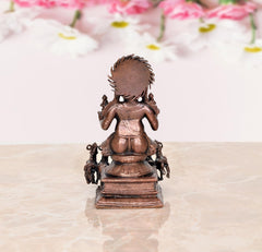 Copper Surya Dev Rath statue, rear view, ornate back hair, seven-horse base details