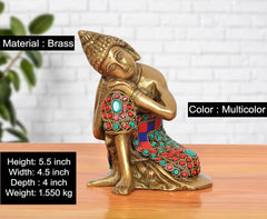 Brass Buddha idol with multicolor mosaic robe, 5.5 in height, seated pose