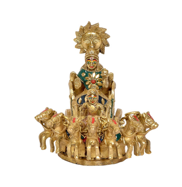 Lord Surya on His Seven Horses Chariot - for Home Decor Mandir Pooja Brass Statue, (Height : 5.5 inch) (Multicolor1)