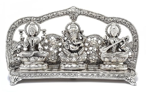 Metal Ganesha Lakshmi and Saraswati Sculpture (Silver Width: 10Inches) Study Setting
