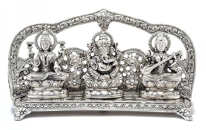 Metal Ganesha Lakshmi and Saraswati Idol Sculpture (Silver, 5.5 Inchesx10.0 Inches)