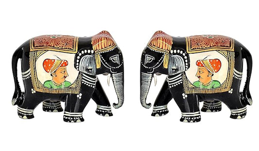 Elephant Pair Statue Small Size Multicolor Printed Wooden Decorate for Your Home,Office Table Decorative & Gift Item (Pack of 2) (Height: 3" Inches) (Black Shades)