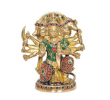 Brass Panchmukhi Hanuman idol, front view with colorful jewel details and ornate crown