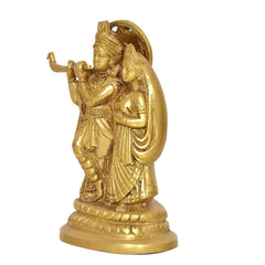 Gold-tone Radha Krishna brass idol statue, side view showing Radha and Krishna