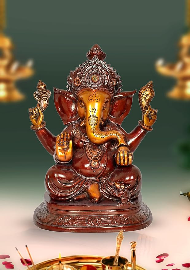 Ganesha idol with four arms, seated on ornate base, 14-inch height