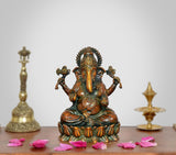 Superfine brass Lord Ganesha idol, seated with four arms and ornate crown, 5-inch height
