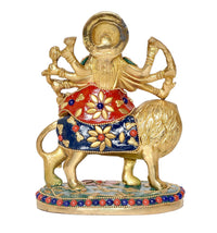 Durga Maa brass idol side view on lion, colorful floral ornaments on outfit
