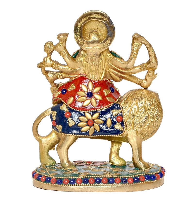 Brass Durga Maa with Lion Idol Hindu Goddess Sherawali MATA Murti MATA Rani Statue Figurine Home Temple (Height: 6 Inch)