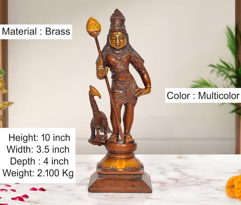 Brass Karthikeya Standing with Peacock Idol (Height: 10 inch)