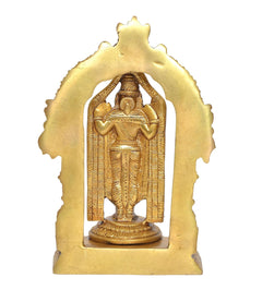 Brass Tirupati Balaji idol statue rear view with raised arch panel and engraved figure