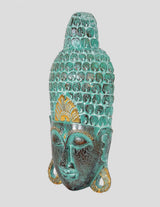Angled view of teal Buddha face mask wall hanging with gold halo and decorative borders
