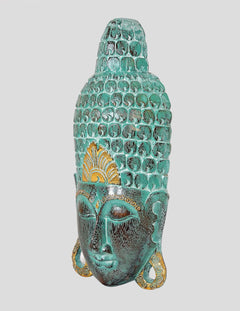 Angled view of teal Buddha face mask wall hanging with gold halo and decorative borders